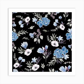 Geranium Flowers Black Blue Art Print