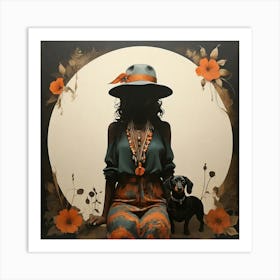 Boho Art Silhouette of a stylish woman with a dachshund dog Art Print