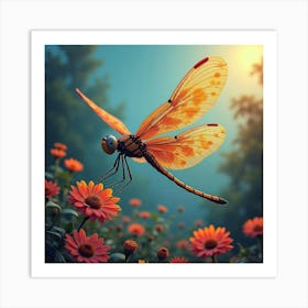 A Surreal Dragonfly With Fractal Wings Darting Through A Vibrant, Abstract Garden Art Print