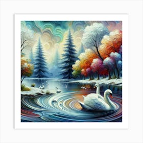 Ripple Pour Wet Acrylic Paint: Capturing Spring Dreams with Impasto Trees, Swans in the Lake, and a Thick Raised Texture – Highly Detailed Art in Crisp Clear Sharp Focus. Swan Painting Art Print