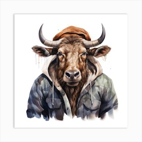 Watercolour Cartoon Wildebeest In A Hoodie 1 Art Print