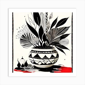 Pot Of Flowers Black and Red Ink Art Art Print