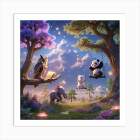 Panda Swinging In The Forest Art Print