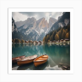 Beautiful Lake With Boats In The Italian Alps Lago Di Braies 3 Art Print