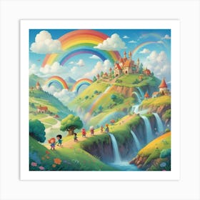 A playful and colorful children’s illustration of a fantasy world with cute characters, rolling hills, fluffy clouds, and a rainbow-filled sky. The scene is joyful and imaginative, full of fun details 2 Art Print