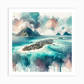 Ocean’s Embrace, An abstract piece in watercolors emphasizing on the circular embrace of the atoll around its central lagoon. This artwork would fit well in a dining room or a kitchen, where it can add some color and warmth to the space. 3 Art Print