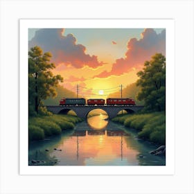 Rustic Train Crossing A Serene Watercolor River At Sunset 1 Art Print