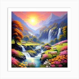 Waterfall In The Mountains Art Print