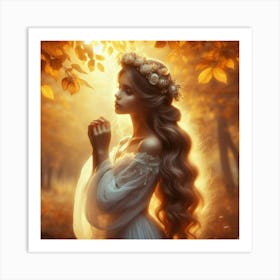 Beautiful Girl In Autumn Forest Art Print