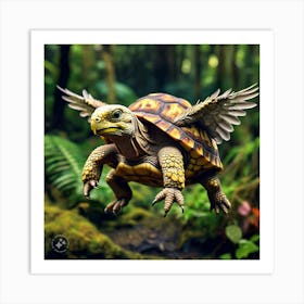 Tortoise With Feathers On His Shell Landing To The Ground Art Print