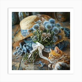 There Is A Rustic Atmosphere On The Old Floor There Is A Bouquet Of Scottish Thistles Light Blue 793962442 Art Print