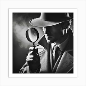 A black and white close up of a man wearing a fedora and trench coat holding a magnifying glass up to his eye with a serious look on his face while smoke swirls around him Art Print
