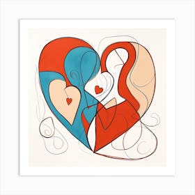 Abstract Cream Red Blue Heart 2 Art Print