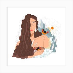 Illustration Of A Woman With Birds Art Print