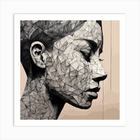 An impressionistic, minimalist and abstract pencil drawing of a women face with various tones and geometric shapes. Art Print