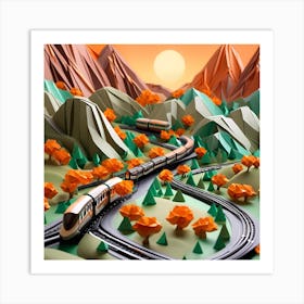 Origami Train On The Tracks Art Print