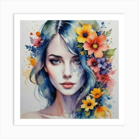 Watercolor Of A Girl With Flowers Art Print