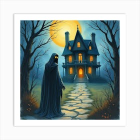 Horror Figure In A Watercolor Haunted Mansion, Vibrant And Eerie 1 Art Print