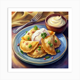 A Plate Of Fried Dumplings With Sour Cream And Green Onions Art Print