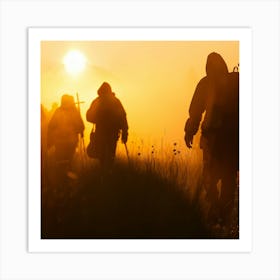 Silhouette Of Hikers At Sunrise Art Print