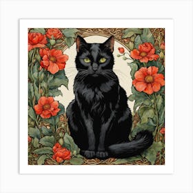 Black Cat Flowers William Morris Style (21) Art Print