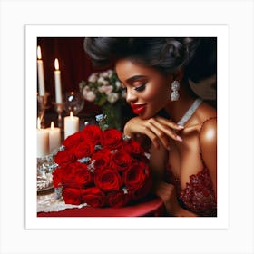 Beautiful African Woman With Red Roses Art Print