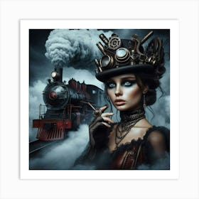 Steampunk Girl With Steam Train Art Print