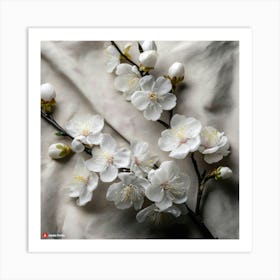 Firefly Plum Blossoms Scattered Across A Soft Linen Textured Canvas, With Simple Branches In Matte B (2) Art Print