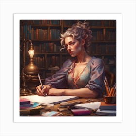 Woman Writing In A Library Art Print