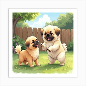 A Happy Pekingese Playing With A Family In A Sunny Backyard, Watercolor 1 Art Print