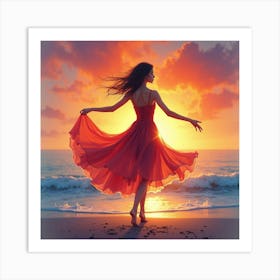 Watercolor Dancer With Vibrant Sunset Horizon 1 Art Print