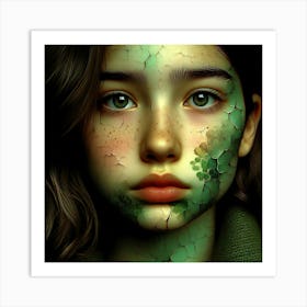 Green Girl With Cracked Face Art Print