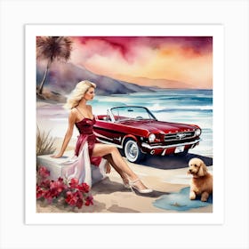 In A Nostalgic 1965 Mustang By Ocean Art Print