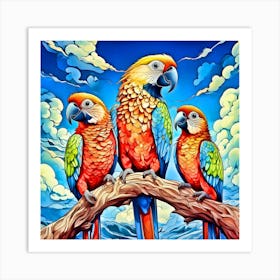 Parrots On A Branch 4 Art Print