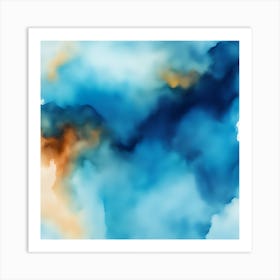 Beautiful sky-blue indigo abstract background. Drawn, hand-painted aquarelle. Wet watercolor pattern. Artistic background with copy space for design. Vivid web banner. Liquid, flow, fluid effect. Art Print