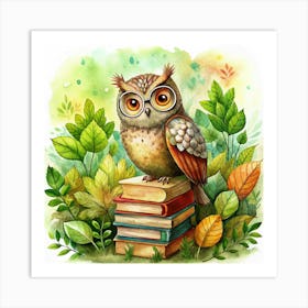 Watercolor Painting Of An Owl With Glasses Sitting On Books Art Print