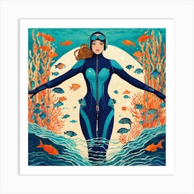 Art Deco Style Diving Woman In Navy Blue(2) Art Print