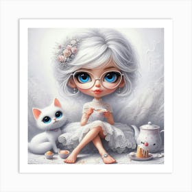 Cute Little Girl With Cat Art Print