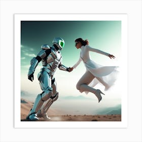 Robot And Woman In The Desert Art Print