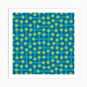 CIRCUITS Retro 1970s Mid Century Abstract Geometric Groovy Polka Dot in Vintage Turquoise and Yellow on Royal Blue Art Print