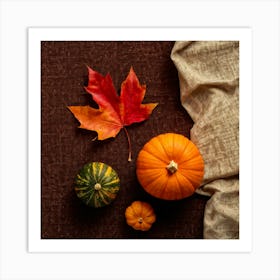 Autumnal Still Life Digital Painting Featuring Maple Leaf And Squash Placed Against Fabric Simulatin (3) Art Print