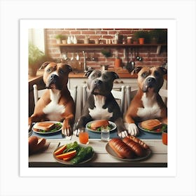 Pitbull Dogs Sitting At Table Eating Art Print