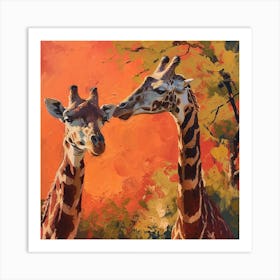 Giraffes Eating Tree Branches Brushstroke 2 Art Print