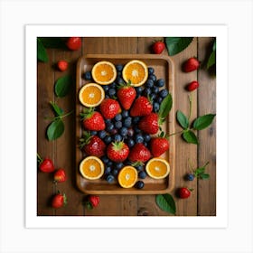 Top Down Shot of strawberries, blueberries, cherries, and oranges arranged symmetrically on a wooden platter. Sitting on a wooden table with leaves and cooking utensils on it 2 Art Print