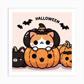 Halloween Kawaii Cute Cat in Pumpkin Cartoon Kitty Art Print