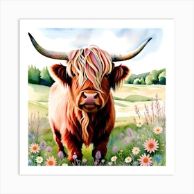 Highland Cow Wild Flowers Pink in Scottish Meadow Art Print
