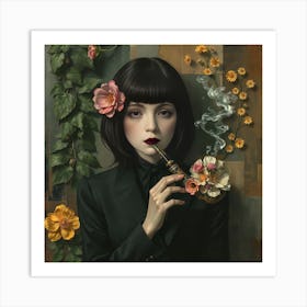 Stunning Woman Smokes A Pipe of Flowers Art Print