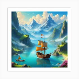 Big Mountains With Sale Boat In The Lake Art Print