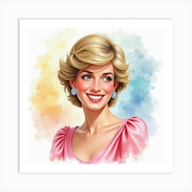 Cheerful Princess Diana, Watercolor Hues And Colorful Background 1 Art Print