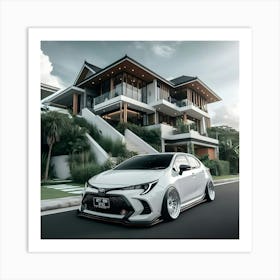 A White Toyota Corolla Gli Twin Cam With Full Body Kit In Front Of Modern Mansion 7 Poster